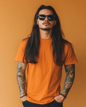 A stylish model displays a blank t-shirt with confidence and attitude photo