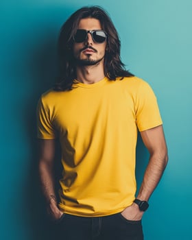 A stylish model poses in a blank yellow t-shirt, exuding a confident vibe photo