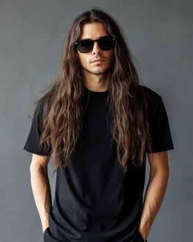 A handsome model sports a blank t-shirt with long hair in a chic studio photo