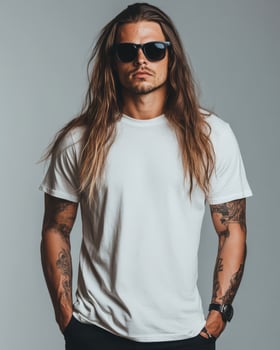 Model poses confidently in a blank t-shirt, exuding a trendy bad boy vibe photo
