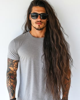 Model exudes confidence while wearing a plain t-shirt and sunglasses photo