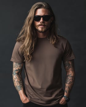 Model displays a blank t-shirt with confidence, exuding a bold bad boy vibe photo