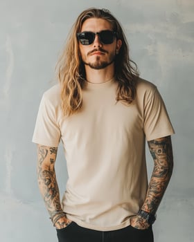 The model poses confidently in a blank tee, exuding effortless style and charm photo
