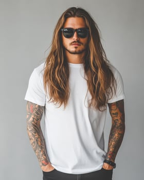 A model displays a blank t-shirt with an effortlessly cool attitude photo