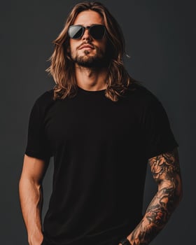 Model exudes confidence while showcasing a blank t-shirt in chic attire photo