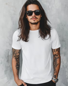 Handsome bad boy showcasing a blank shirt against a textured background photo