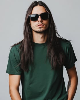 Model flaunts a blank t-shirt and sunglasses with a striking pose photo