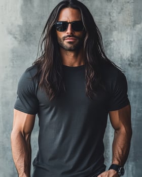A handsome model with long hair poses in a minimalist environment while wearing a t-shirt photo