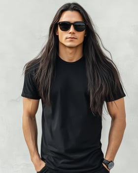 Model with long hair wearing a plain t-shirt strikes a cool pose outdoors photo