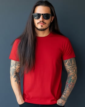 A confident model wearing a plain red t-shirt and stylish sunglasses photo