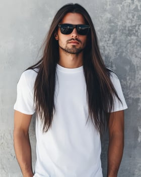 A stylish model showcases a plain t-shirt with long hair and sunglasses photo