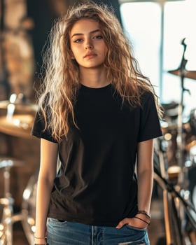 A young woman poses confidently in a black t-shirt and jeans photo