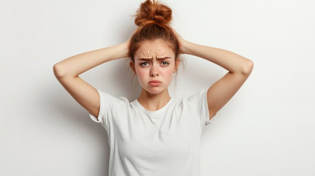 A woman expresses deep frustration and tiredness with her hands in her hair photo