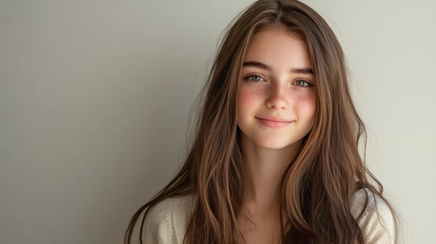 A young model flashes a bright smile, showcasing her natural beauty and charm photo