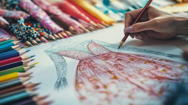 An artist meticulously designs a stunning dress using vibrant colored pencils photo