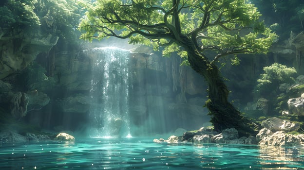 Serene Waterfall in Enchanting Forest with Lush Moss, photo