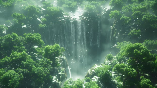 Serene Waterfall in Enchanting Forest with Lush Moss, photo
