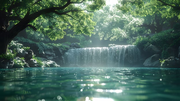 Serene Waterfall in Enchanting Forest with Lush Moss, photo