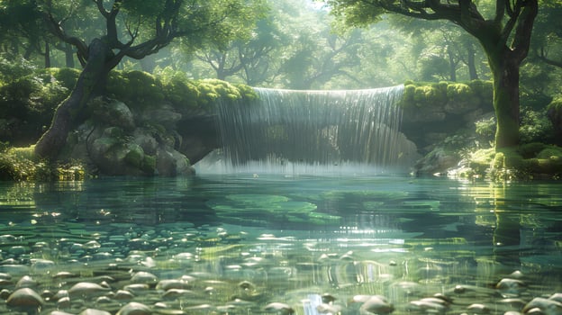 Serene Waterfall in Enchanting Forest with Lush Moss, photo