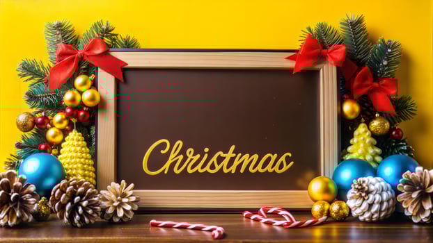 Chalkboard With Christmas Decoration On Wooden Table, Yellow Background photo