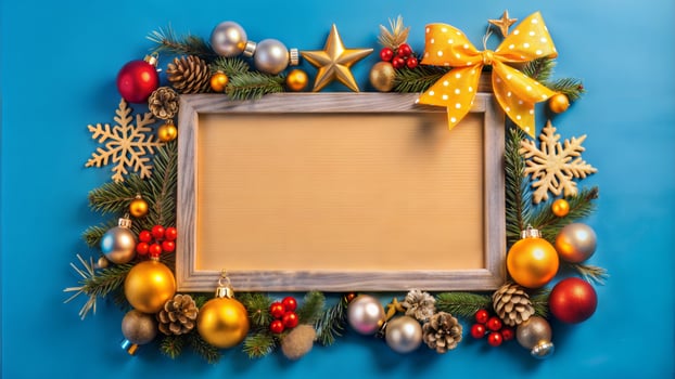 Christmas background with wooden frame and christmas decorations on blue background. photo