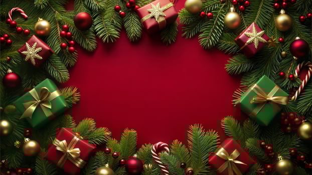 Christmas background with fir tree branches, gift boxes and decorations. Top view with copy space photo