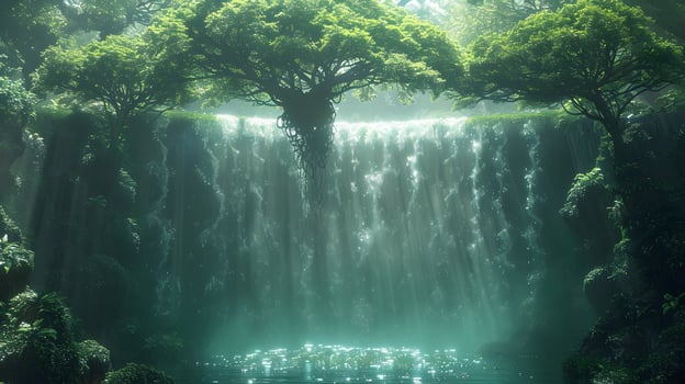 Serene Waterfall in Enchanting Forest with Lush Moss, photo