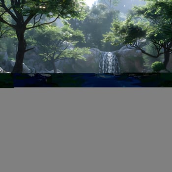 Serene Waterfall in Enchanting Forest with Lush Moss, photo