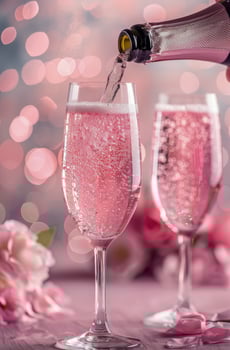 Pouring Sparkling Rose Into Elegant Flutes Surrounded By Delicate Pink Blossoms photo