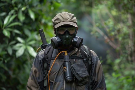 A technician dressed in protective gear readies equipment for eco-friendly pest control amidst vibrant greenery. photo