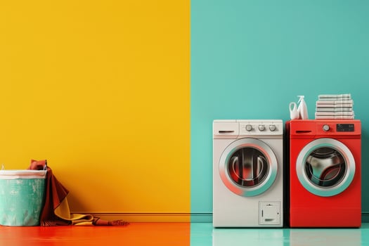 A vibrant laundry room showcases energy-efficient appliances against bold, colorful walls, highlighting a clean and inviting atmosphere. photo
