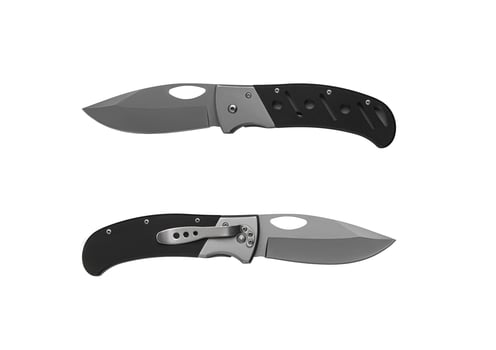 Pocket folding knife isolate on white back. Compact metal sharp knife with a folding blade. photo
