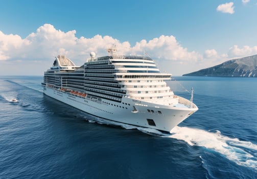 Cruise Ship Navigating Clear Blue Waters Near Island Under Bright Sky photo