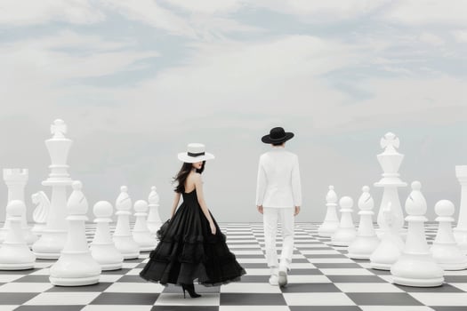 Elegant Models in Black and White Fashion Among Giant Chess Pieces photo