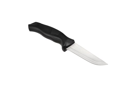 Modern hunting knife with black blade and plastic handle. Steel arms. Isolate on a white back. photo