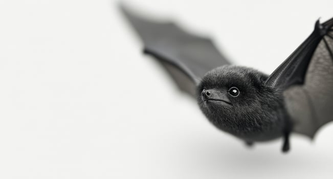 Close-up of a small black bat in mid-flight against a light background photo