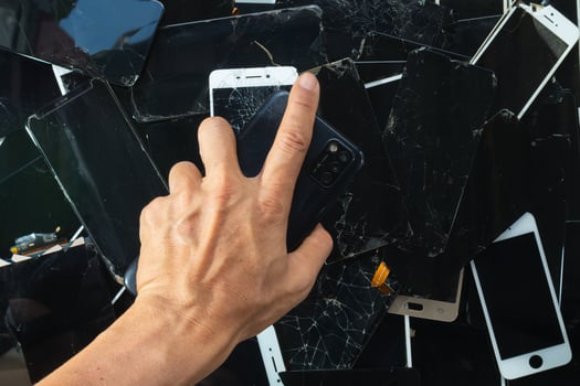 damaged LCD screens of mobile phones are collected as electronic waste waiting for valuable metals inside LCD screens be sorted for reuse reducing e-waste in nature and increasing value of e-waste. photo