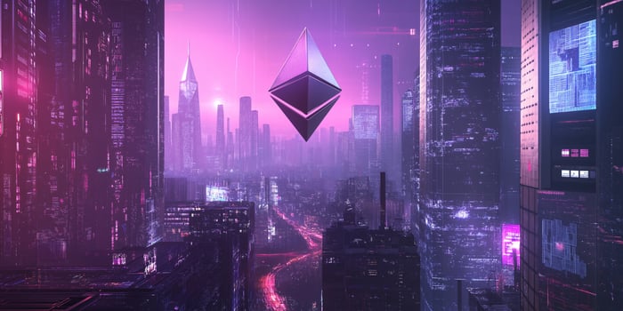 Floating Ethereum Logo in a Dynamic Futuristic Atmosphere photo