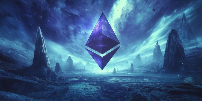 Ethereum Logo Floating Over a Virtual Landscape of Smart Technology photo