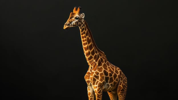 A tall giraffe standing in front of a black background. photo