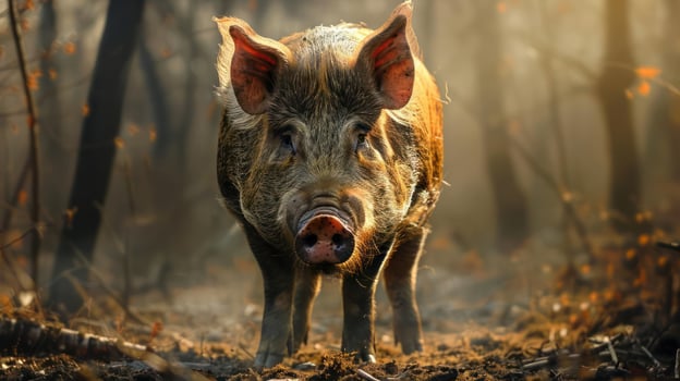 A pink pig standing in a forested area during dusk or dawn, photo