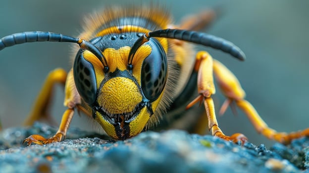 a photo of a bee that has striking yellow and black stripes.