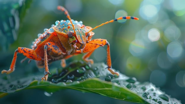 A red bug with blue dots and orange antennae perched on a green leaf, photo