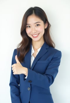 Confident asian businesswoman giving thumbs up, blue suit or blazer, isolated on white background. photo