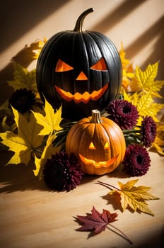 Two pumpkins different sizes surrounded by burgundy chrysanthemums and yellow leaves. photo