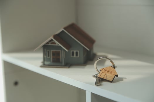 Real estate agent home sales broker is using a pen pointing to the house model and explains the business contract, rent, buy, mortgage, loan, or home insurance photo