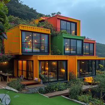 Modern container house with large windows overlooking tropical garden photo