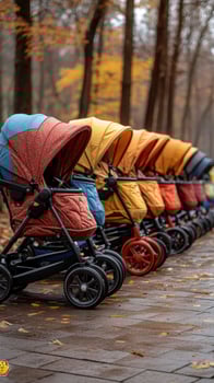 Many empty colorful baby strollers standing in line in autumn park photo