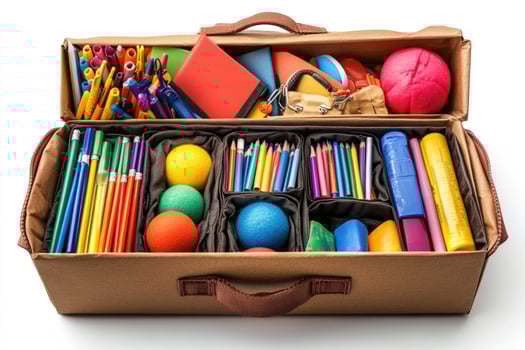 Teacher preparing colorful school supplies and stationery inside cardboard boxes photo