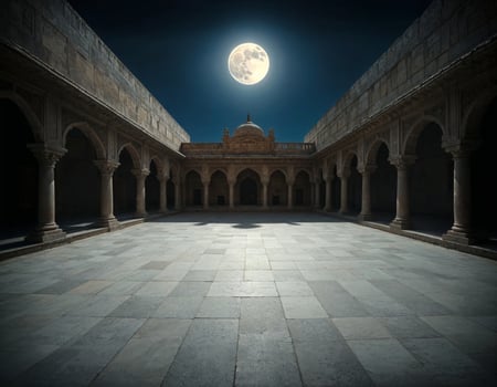 a full moon shining brightly on the night sky over an empty courtyard photo